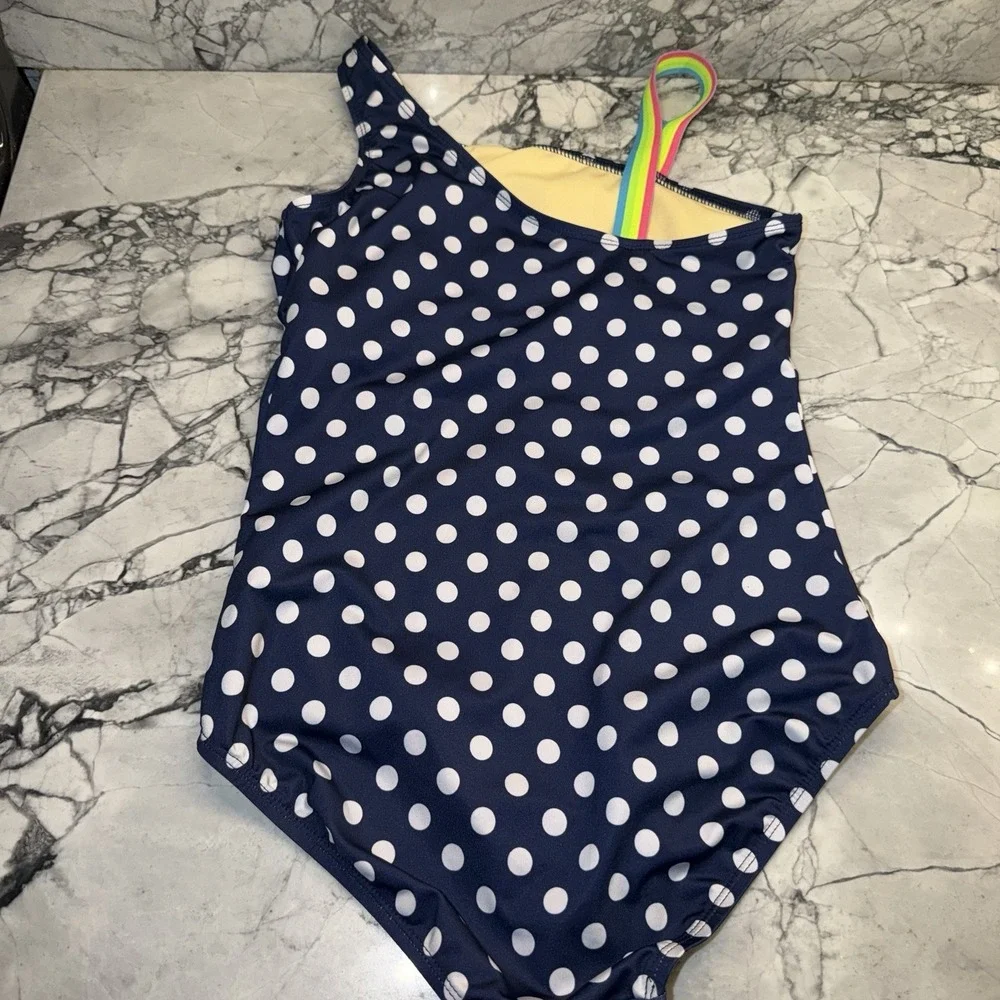 Lands End Girls Size 12 Polka Dot Swimsuit One Piece Navy Blue Rainbow Strap